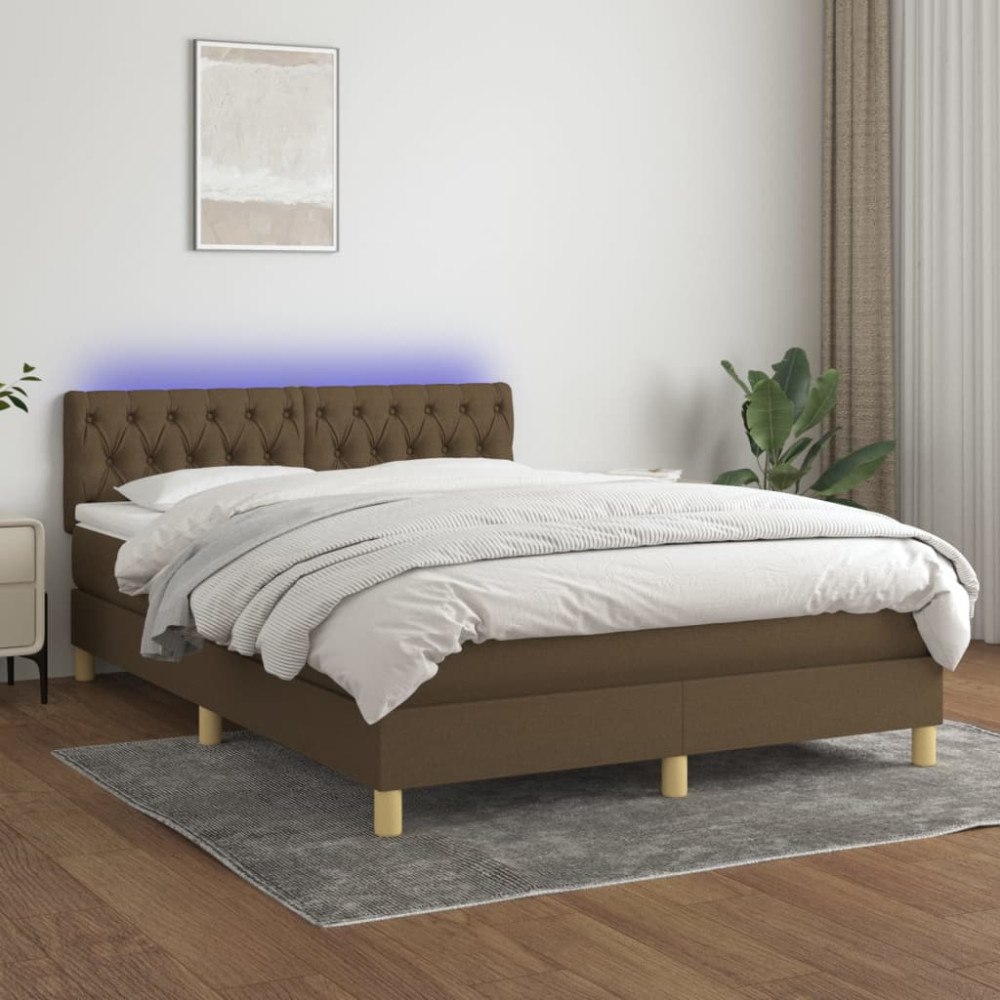 vidaXL Ramsäng med madrass & LED mörkbrun 140x200 cm tyg