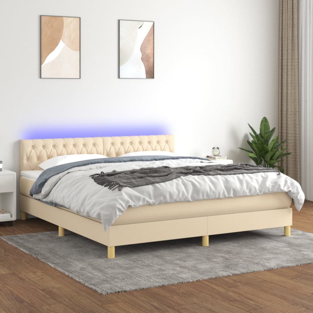 vidaXL Ramsäng med madrass & LED gräddvit 160x200 cm tyg