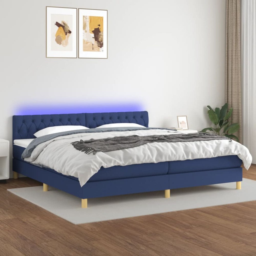 vidaXL Ramsäng med madrass & LED blå 200x200 cm tyg