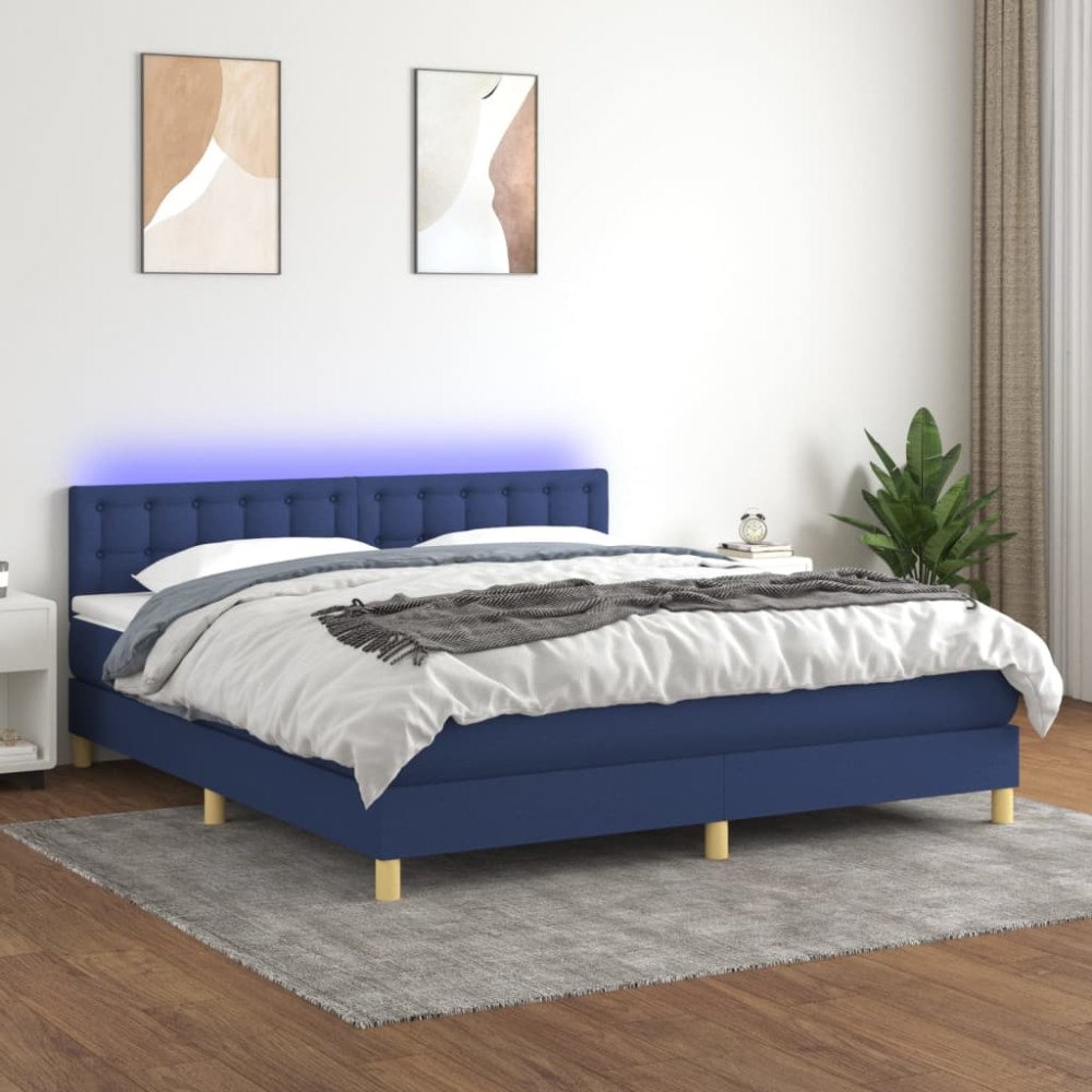 vidaXL Ramsäng med madrass & LED blå 180x200 cm tyg