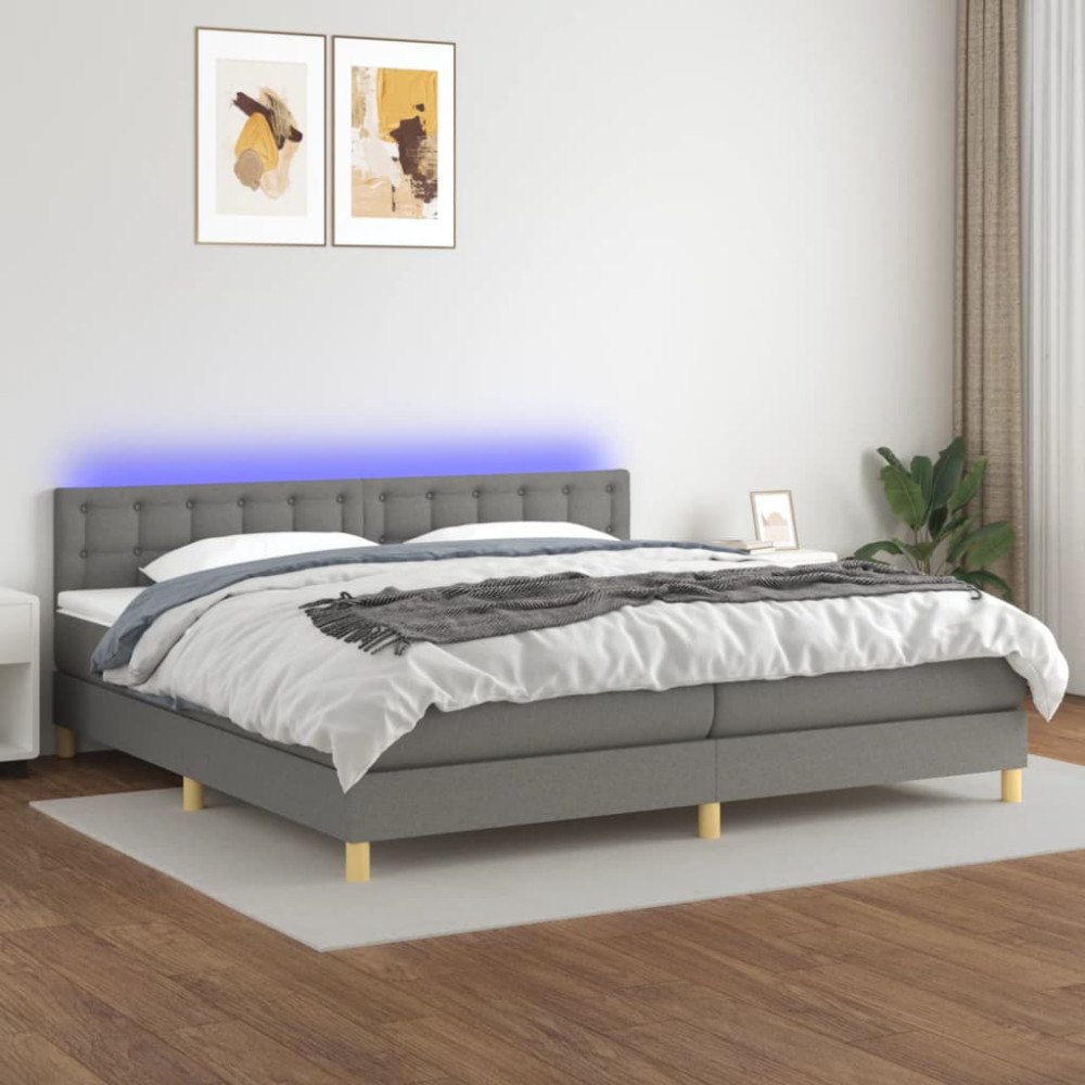 vidaXL Ramsäng med madrass & LED mörkgrå 200x200 cm tyg