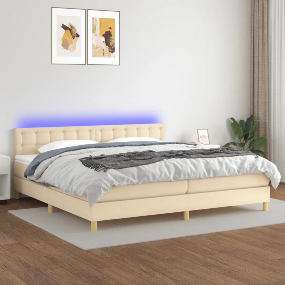 vidaXL Ramsäng med madrass & LED gräddvit 200x200 cm tyg