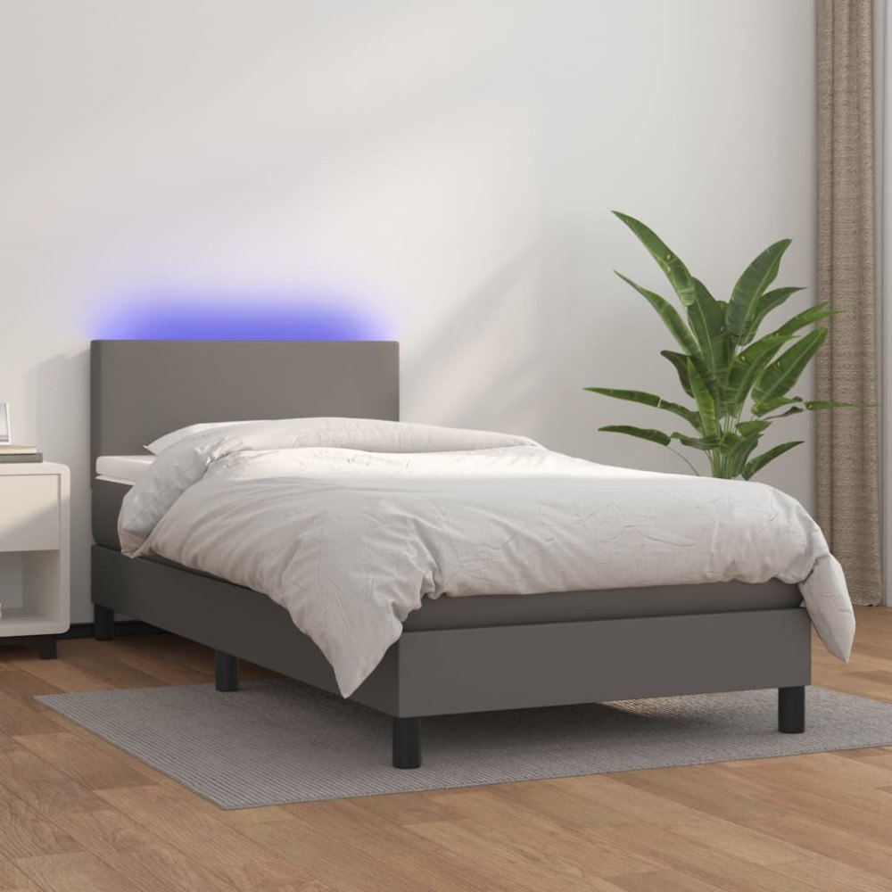 vidaXL Ramsäng med madrass & LED grå 90x200 cm konstläder