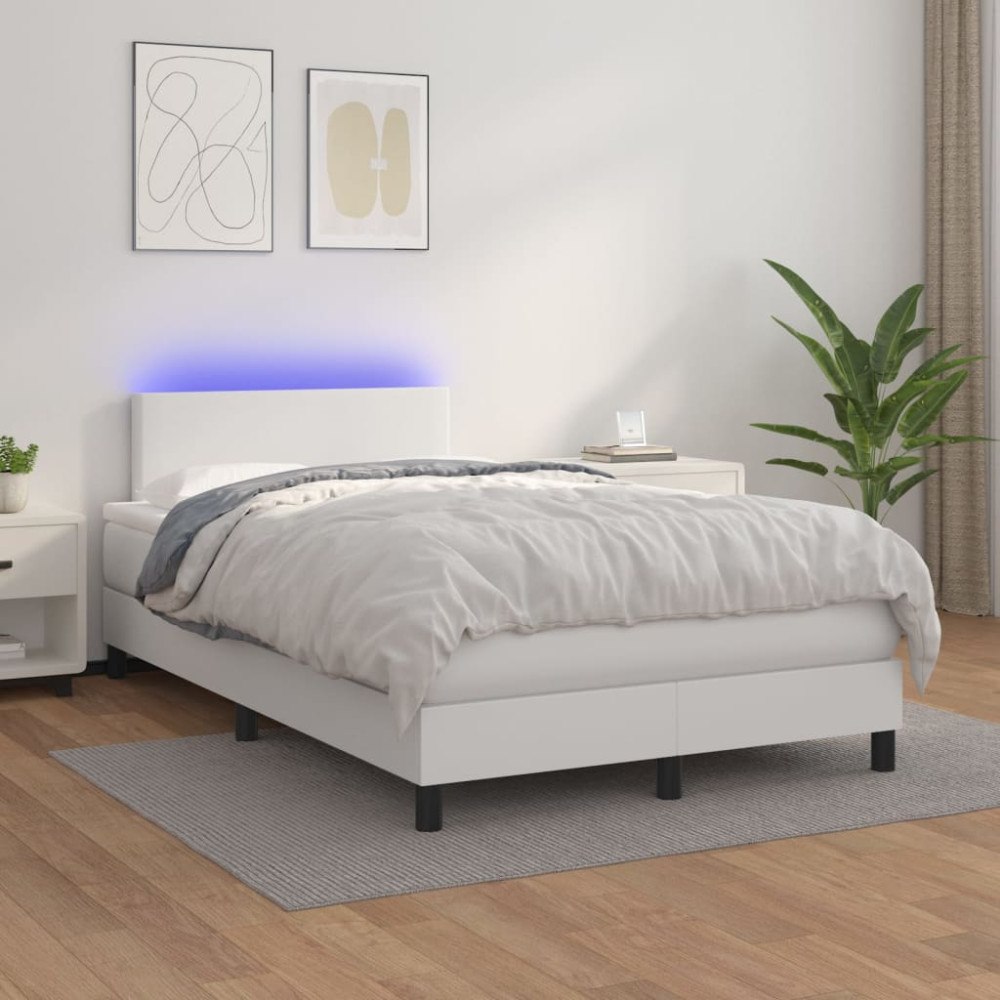 vidaXL Ramsäng med madrass & LED vit 120x200 cm konstläder