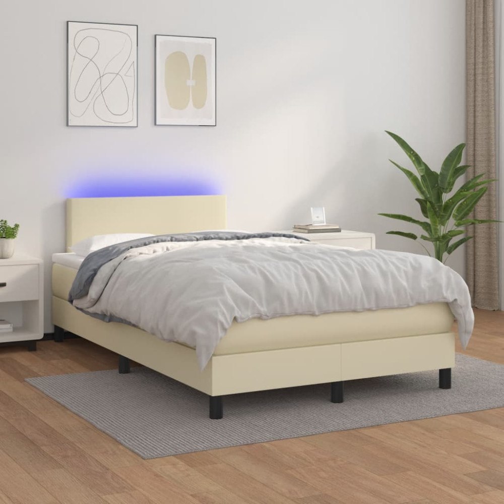 vidaXL Ramsäng med madrass & LED gräddvit 120x200 cm konstläder
