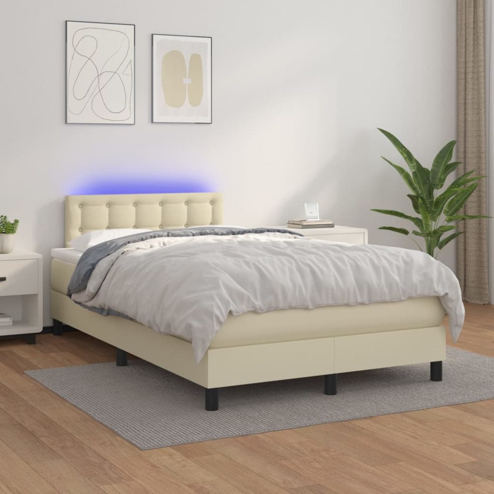 vidaXL Ramsäng med madrass & LED gräddvit 120x200 cm konstläder