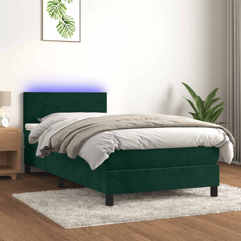 vidaXL Resårsäng med madrass och LED mörkgrön 90x200 cm sammet