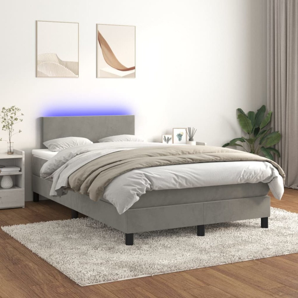 vidaXL Resårsäng med madrass och LED ljusgrå 120x200 cm sammet