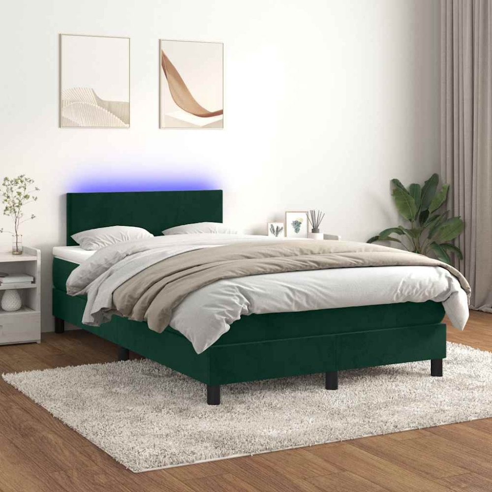 vidaXL Resårsäng med madrass och LED mörkgrön 120x200 cm sammet
