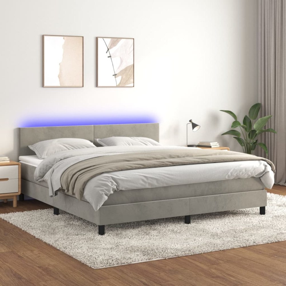 vidaXL Resårsäng med madrass och LED ljusgrå 160x200 cm sammet