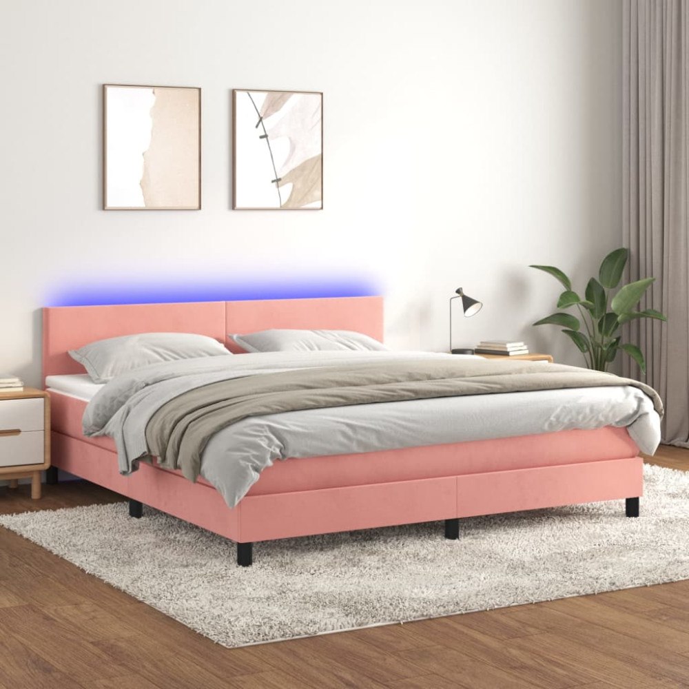 vidaXL Ramsäng med madrass & LED rosa 180x200 cm sammet