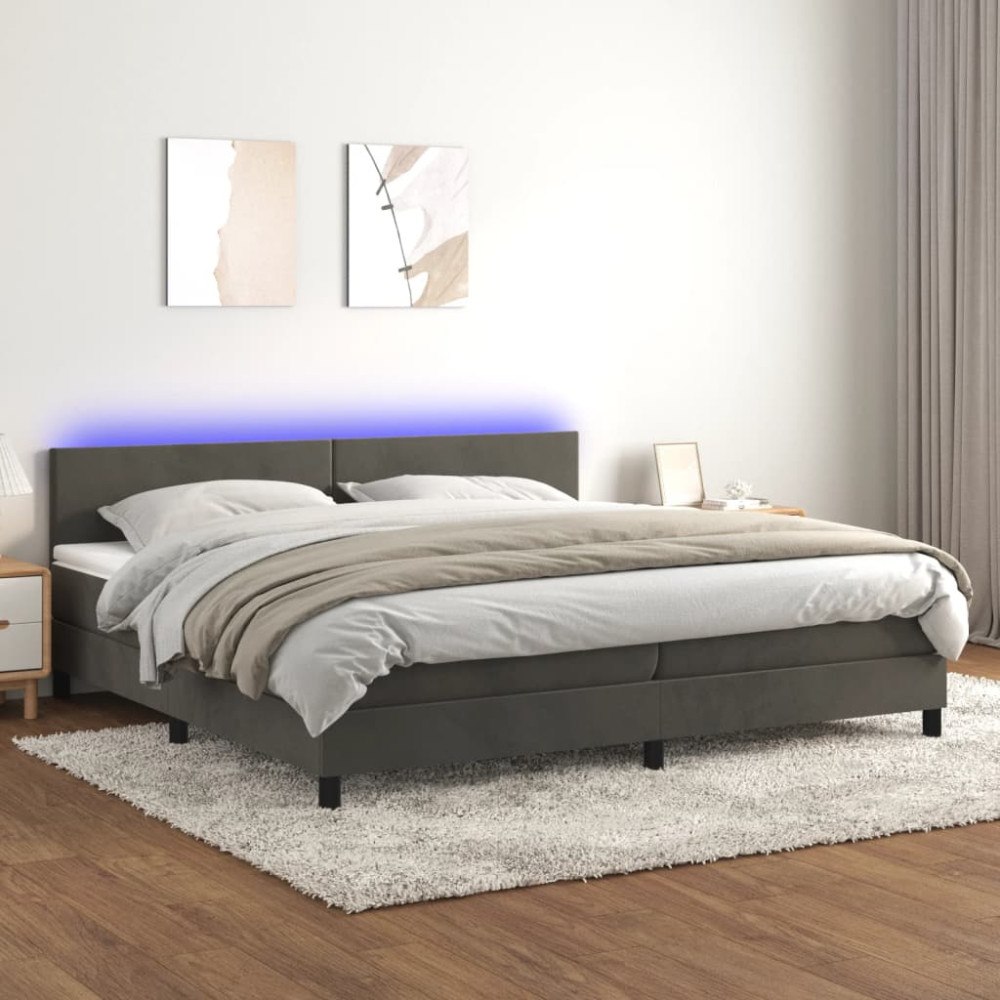 vidaXL Resårsäng med madrass och LED mörkgrå 200x200 cm sammet