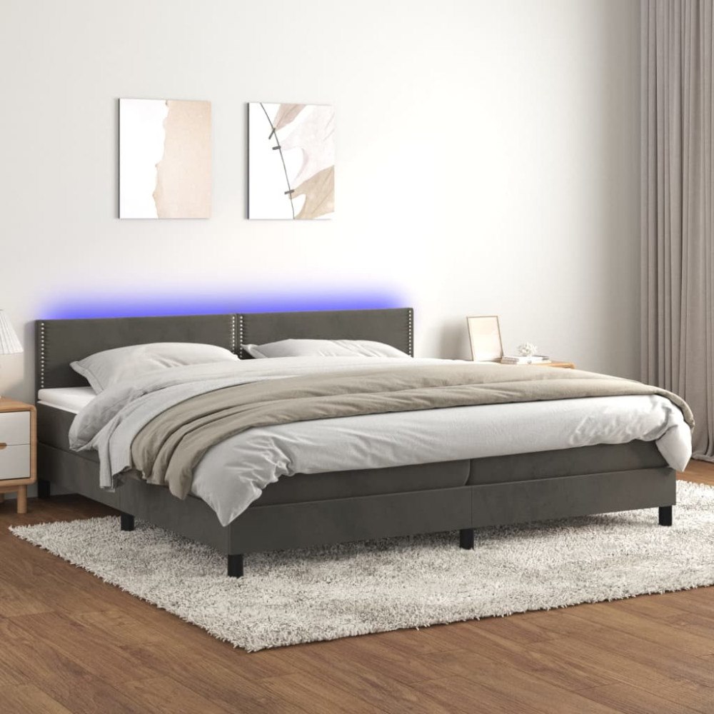 vidaXL Resårsäng med madrass och LED mörkgrå 200x200 cm sammet