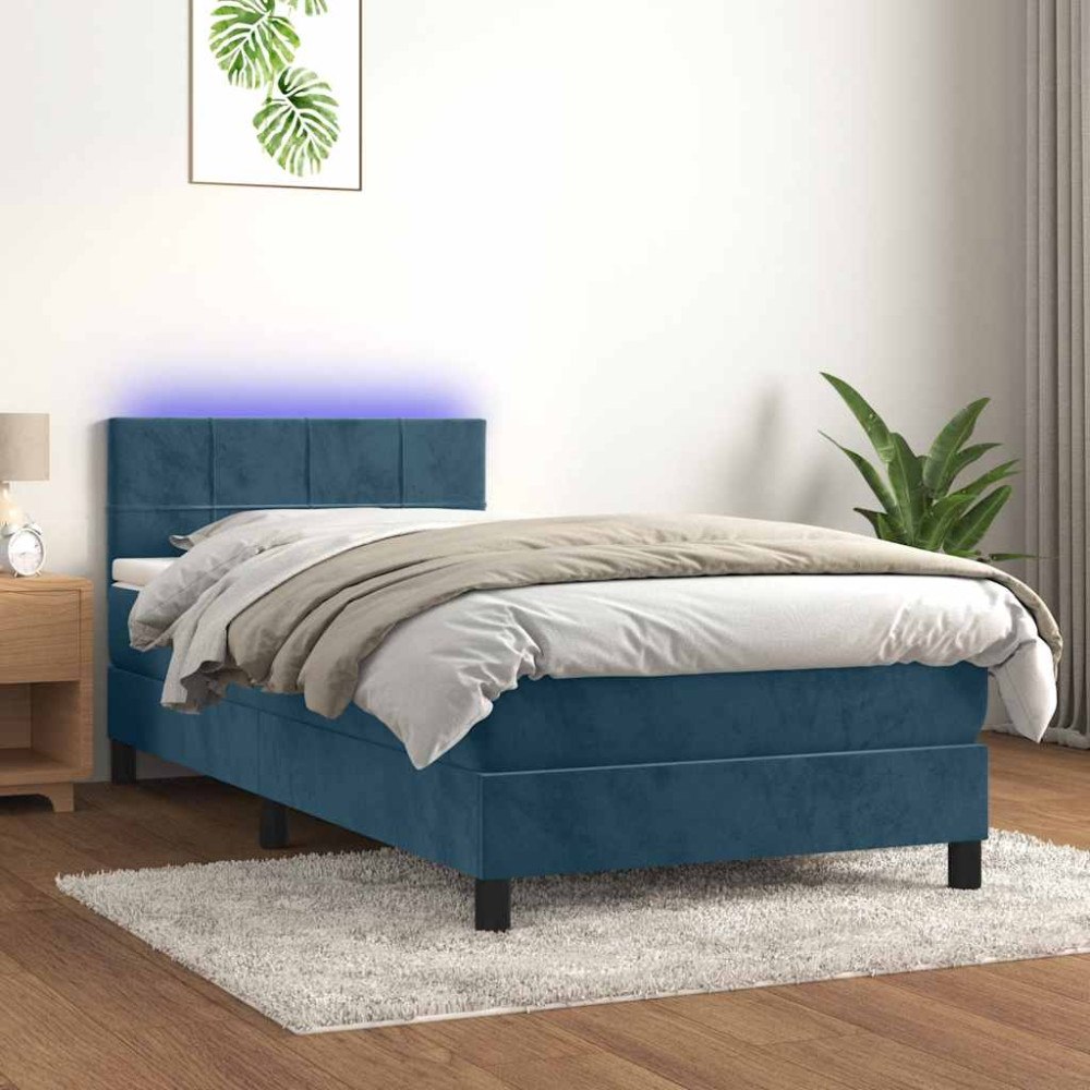 vidaXL Resårsäng med madrass och LED mörkblå 90x200 cm sammet