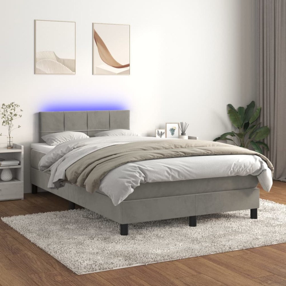 vidaXL Resårsäng med madrass och LED ljusgrå 120x200 cm sammet