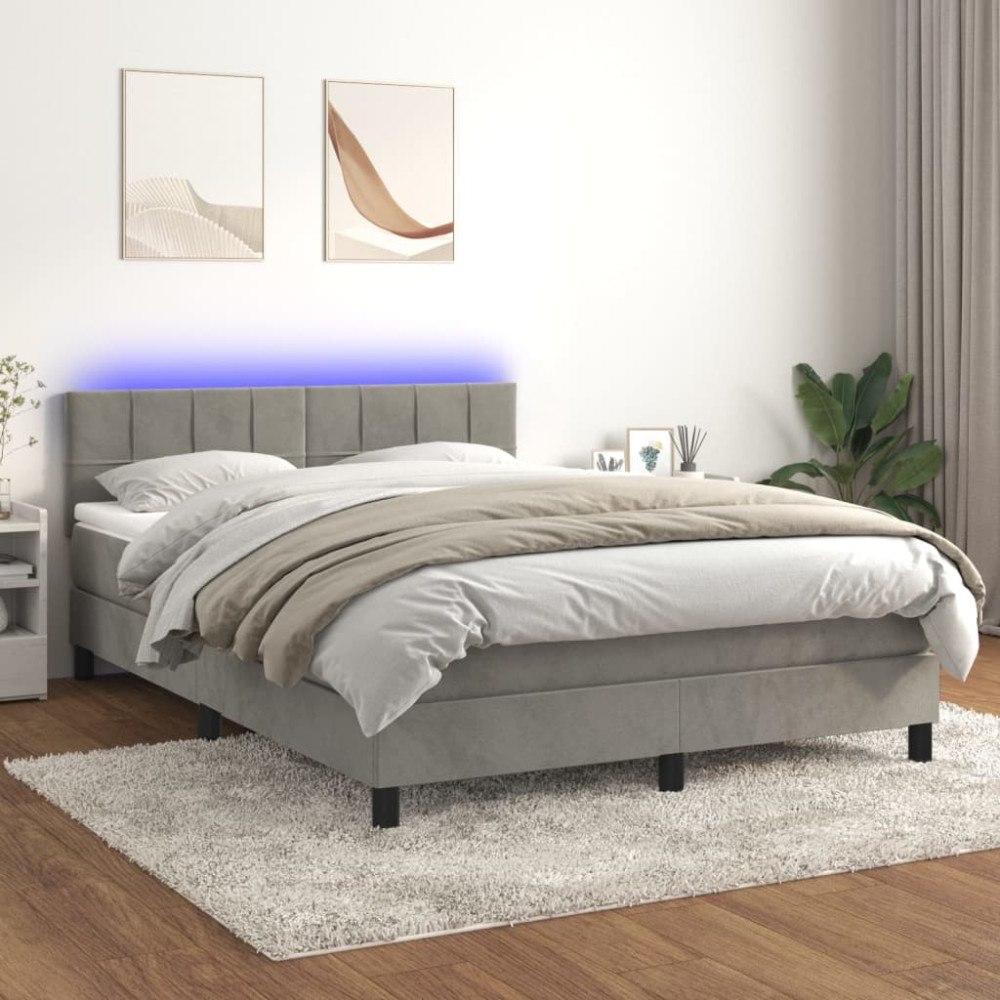 vidaXL Resårsäng med madrass och LED ljusgrå 140x200 cm sammet