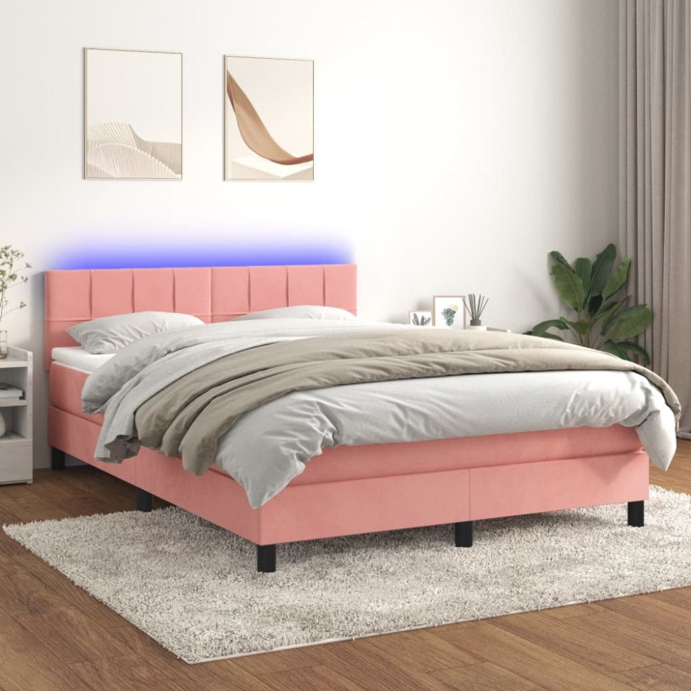 vidaXL Ramsäng med madrass & LED rosa 140x200 cm sammet
