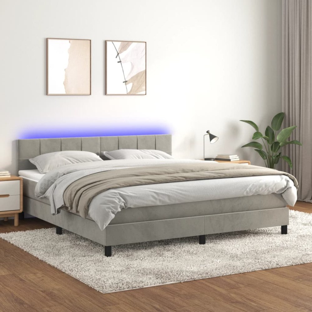 vidaXL Resårsäng med madrass och LED ljusgrå 160x200 cm sammet