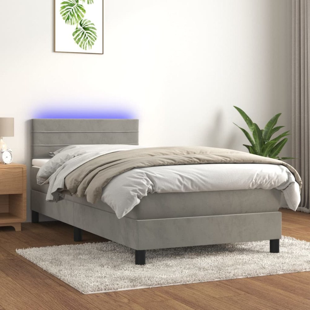 vidaXL Resårsäng med madrass och LED ljusgrå 100x200 cm sammet