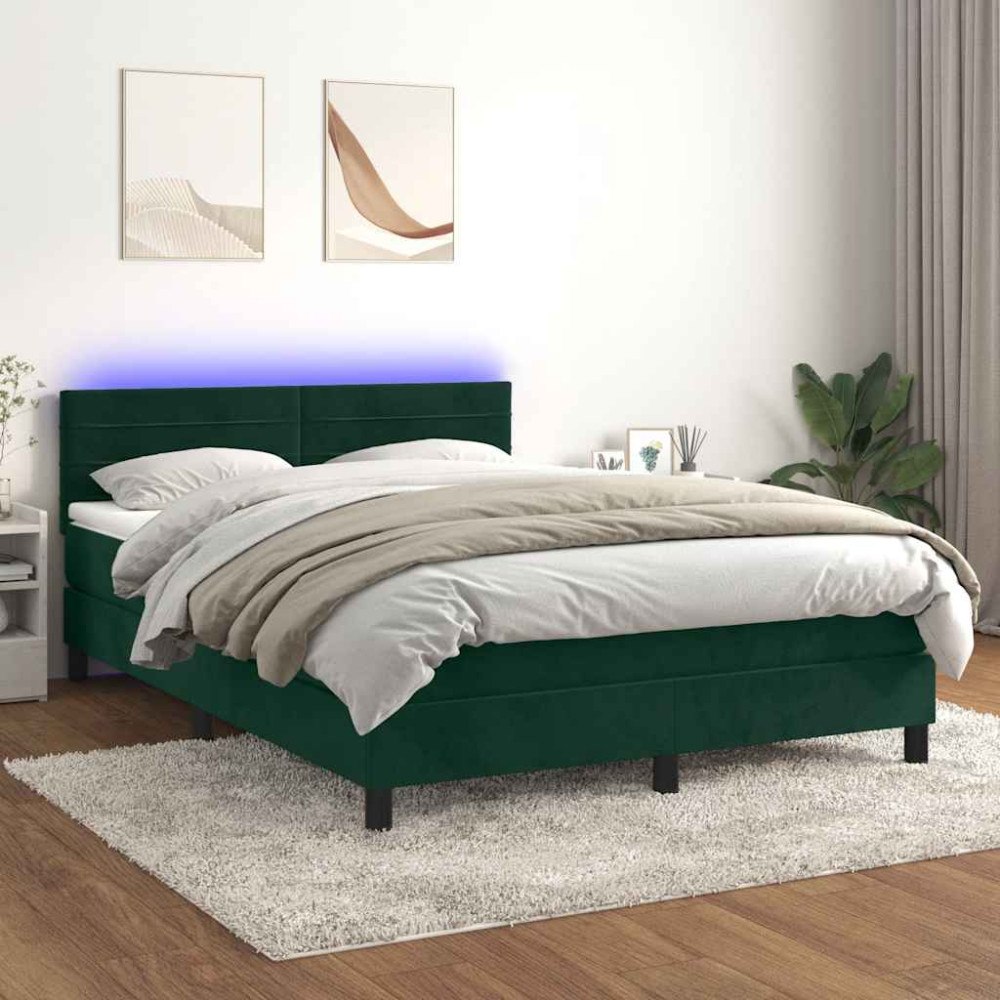 vidaXL Resårsäng med madrass och LED mörkgrön 140x200 cm sammet
