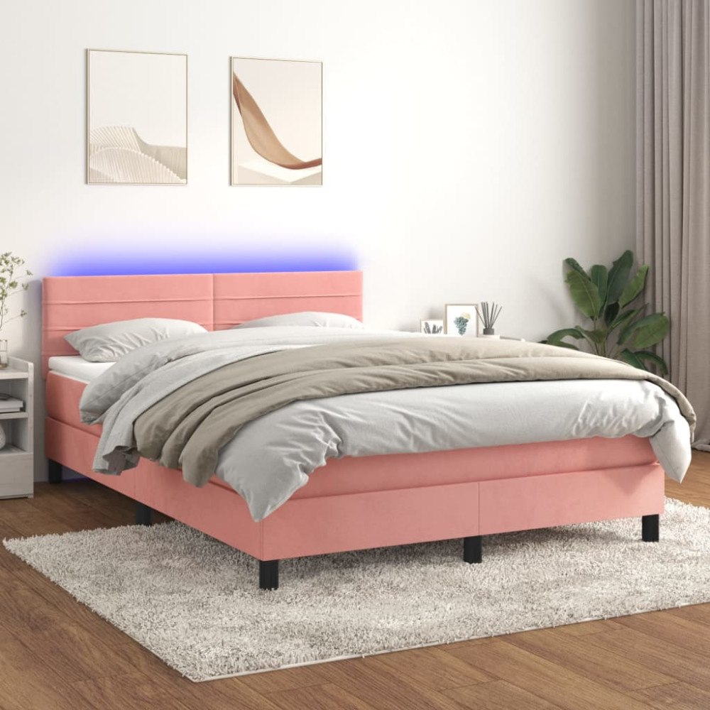 vidaXL Ramsäng med madrass & LED rosa 140x200 cm sammet