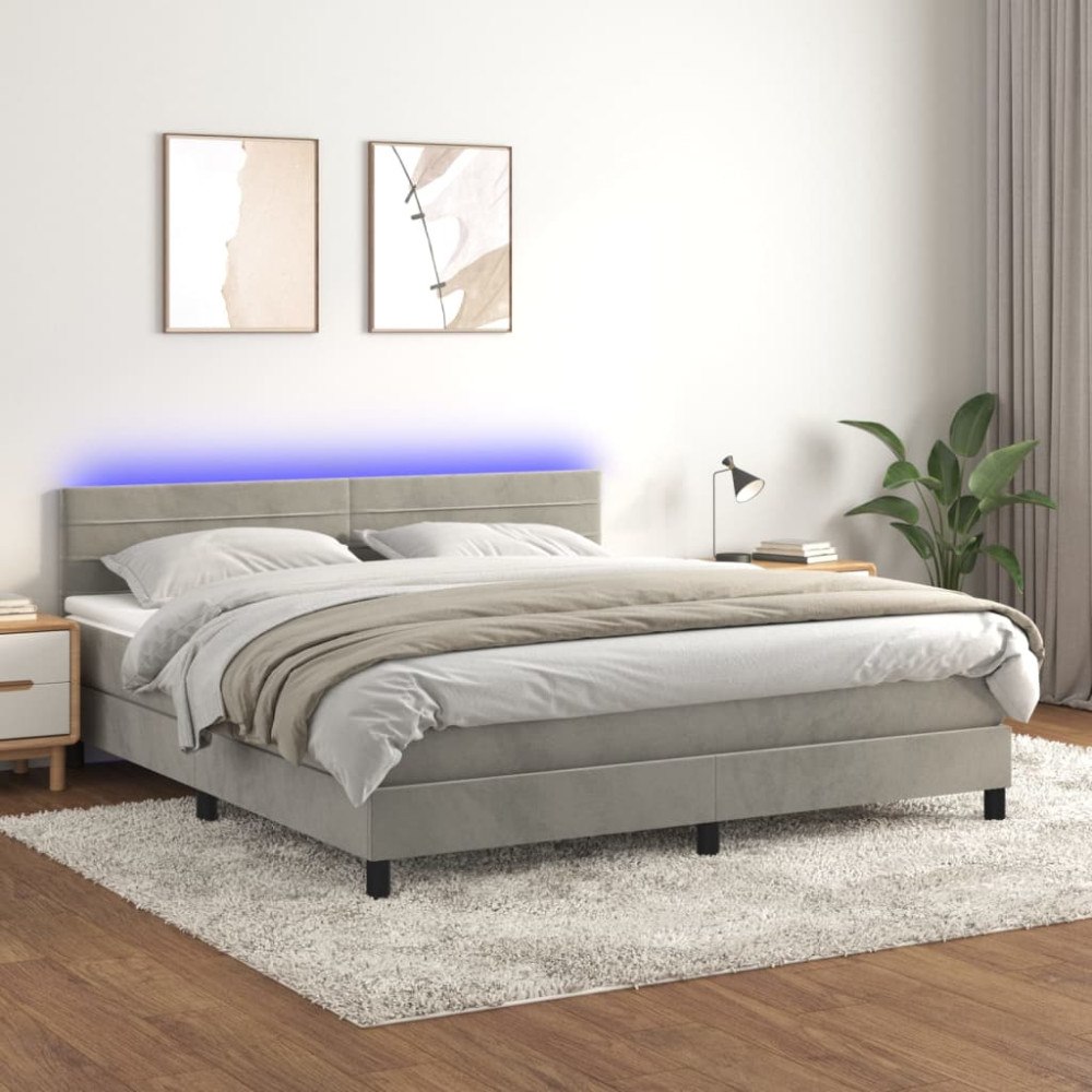 vidaXL Resårsäng med madrass och LED ljusgrå 160x200 cm sammet
