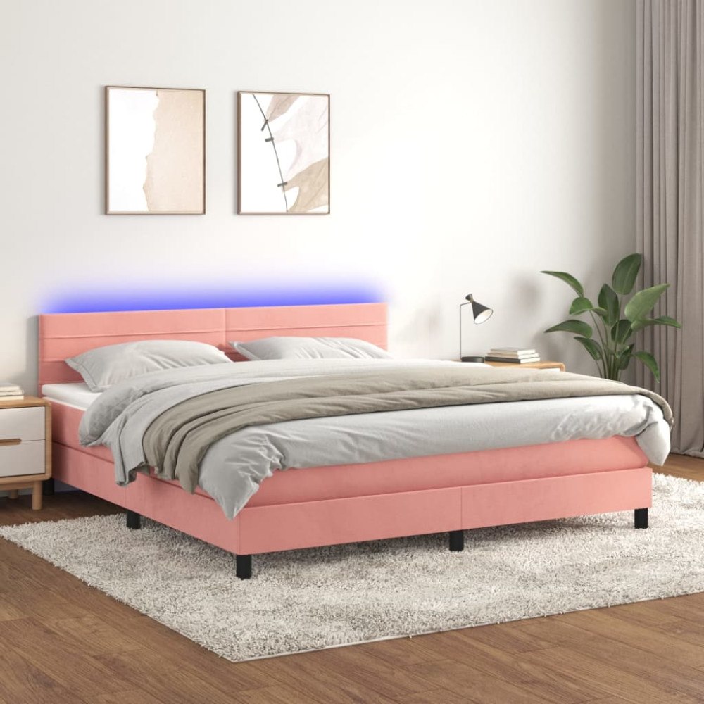 vidaXL Ramsäng med madrass & LED rosa 160x200 cm sammet