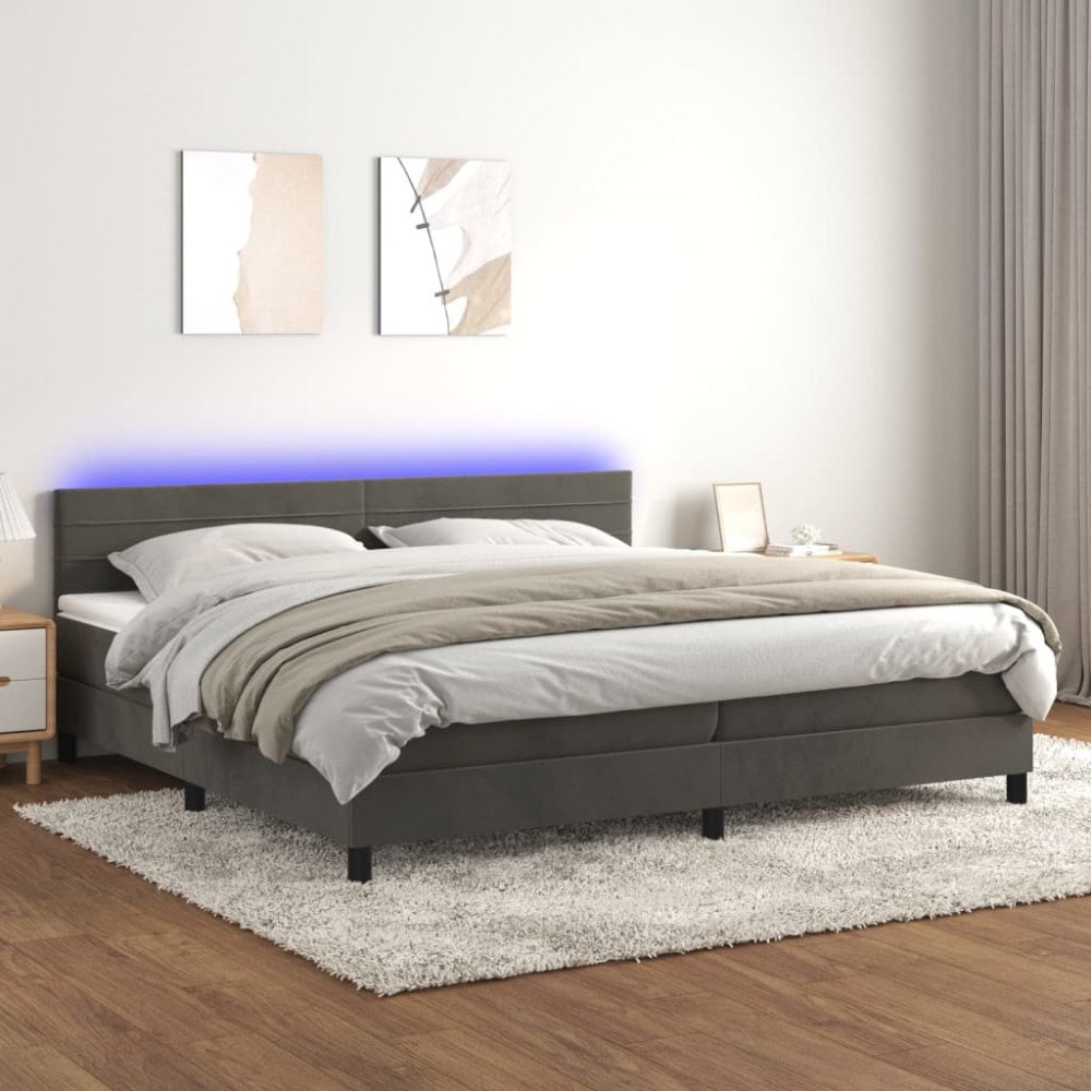 vidaXL Resårsäng med madrass och LED mörkgrå 200x200 cm sammet
