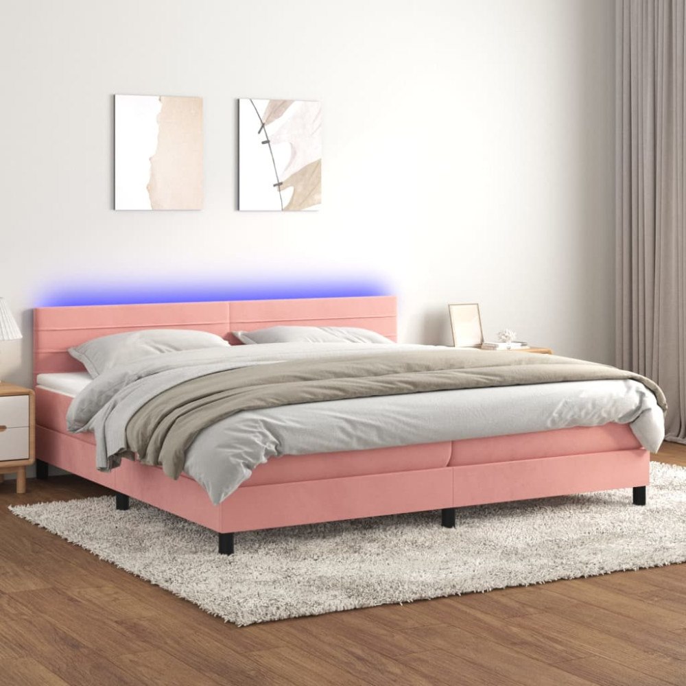 vidaXL Ramsäng med madrass & LED rosa 200x200 cm sammet