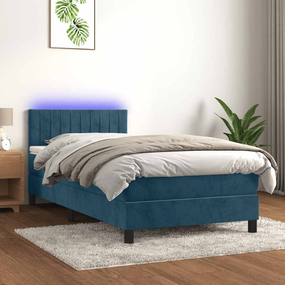 vidaXL Resårsäng med madrass och LED mörkblå 90x200 cm sammet