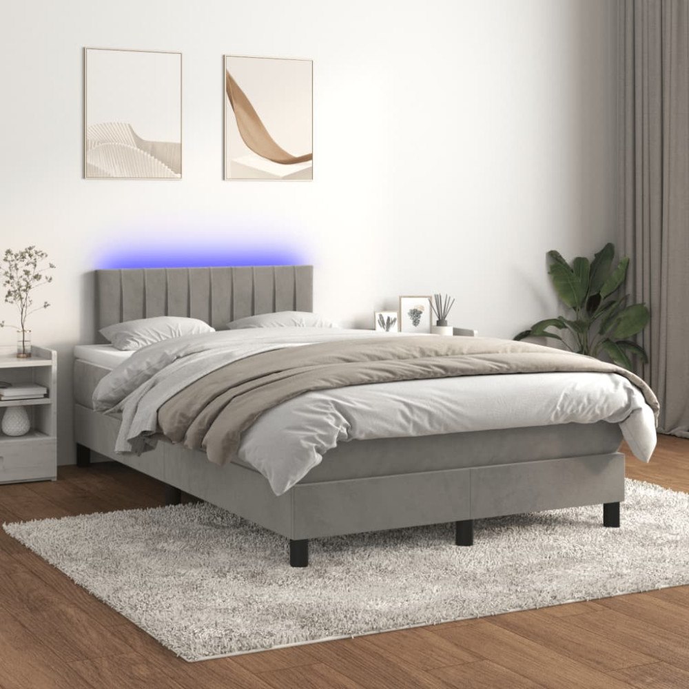 vidaXL Resårsäng med madrass och LED ljusgrå 120x200 cm sammet