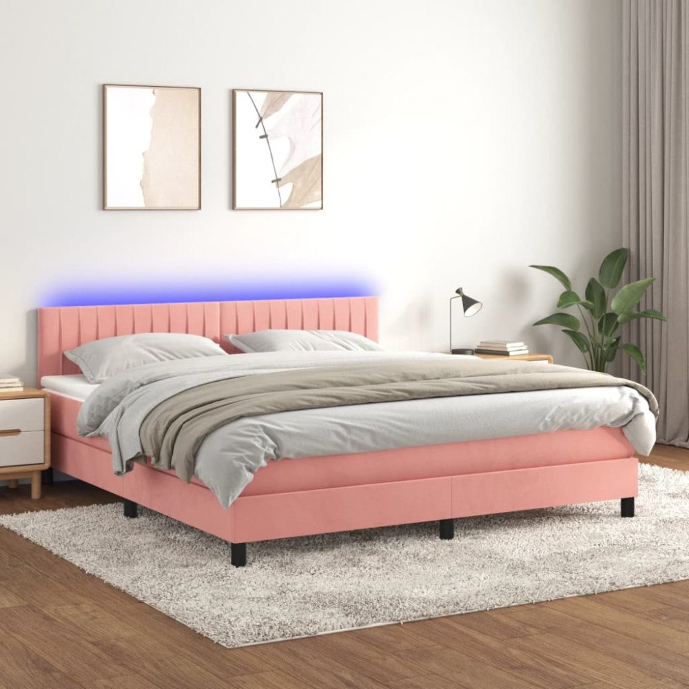 vidaXL Ramsäng med madrass & LED rosa 180x200 cm sammet