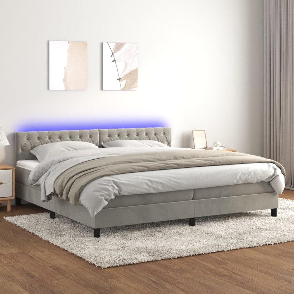 vidaXL Resårsäng med madrass och LED ljusgrå 200x200 cm sammet