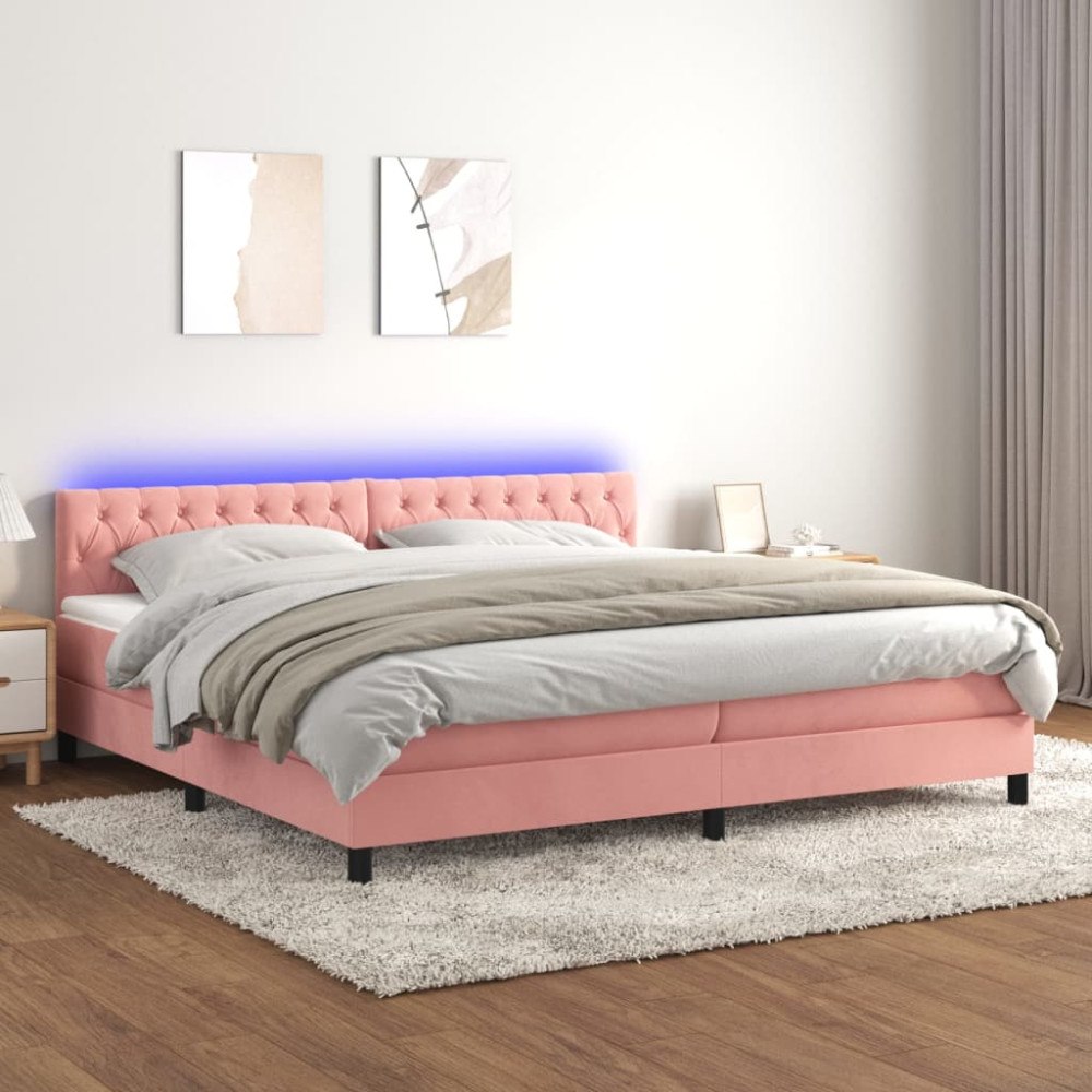 vidaXL Ramsäng med madrass & LED rosa 200x200 cm sammet
