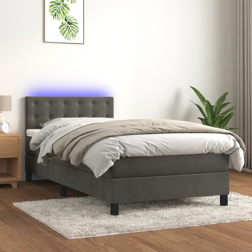 vidaXL Resårsäng med madrass och LED mörkgrå 90x200 cm sammet