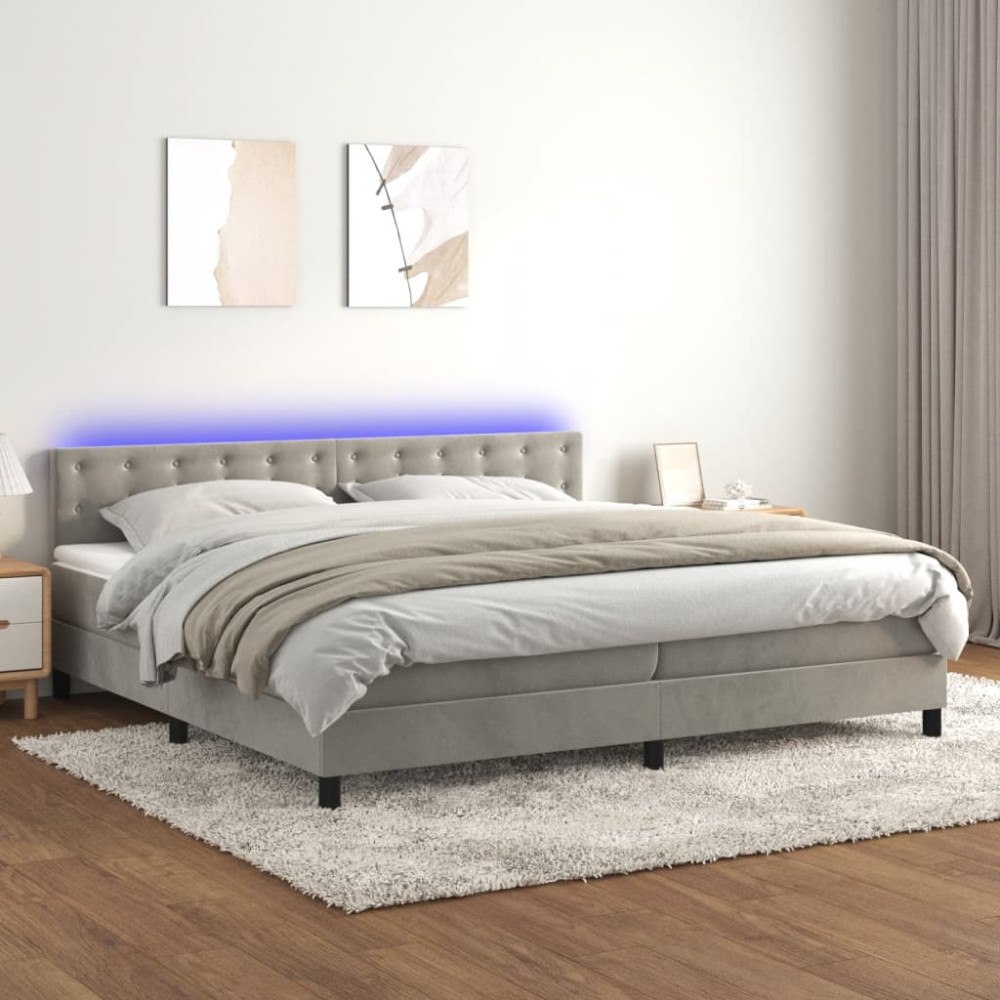 vidaXL Resårsäng med madrass och LED ljusgrå 200x200 cm sammet