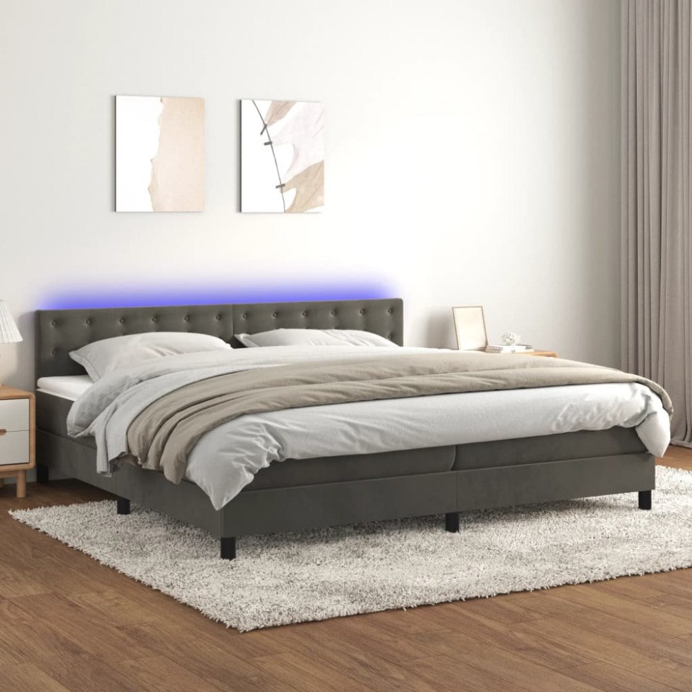 vidaXL Resårsäng med madrass och LED mörkgrå 200x200 cm sammet