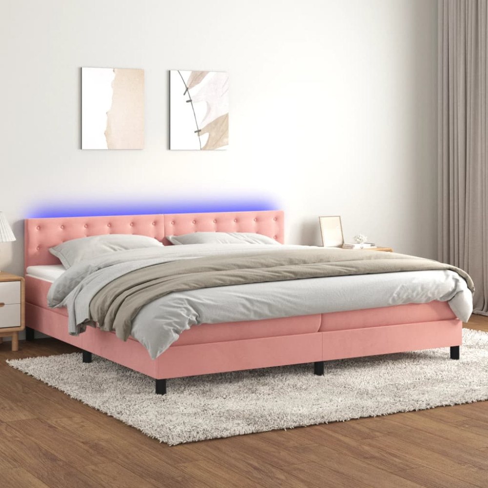 vidaXL Ramsäng med madrass & LED rosa 200x200 cm sammet