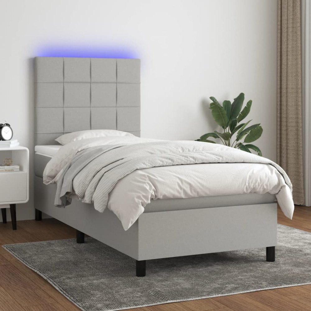 vidaXL Ramsäng med madrass & LED ljusgrå 90x200 cm tyg