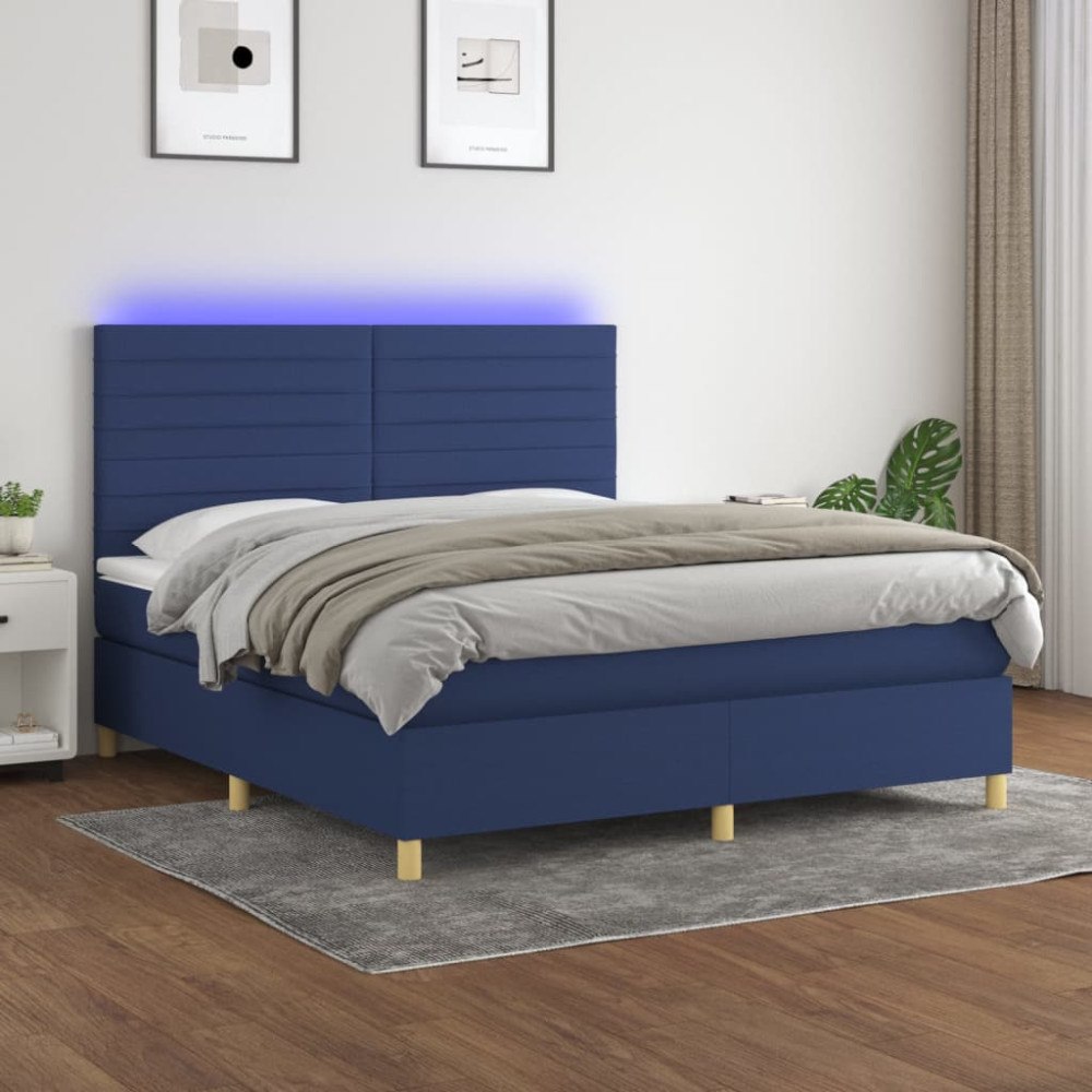 vidaXL Ramsäng med madrass & LED blå 160x200 cm tyg