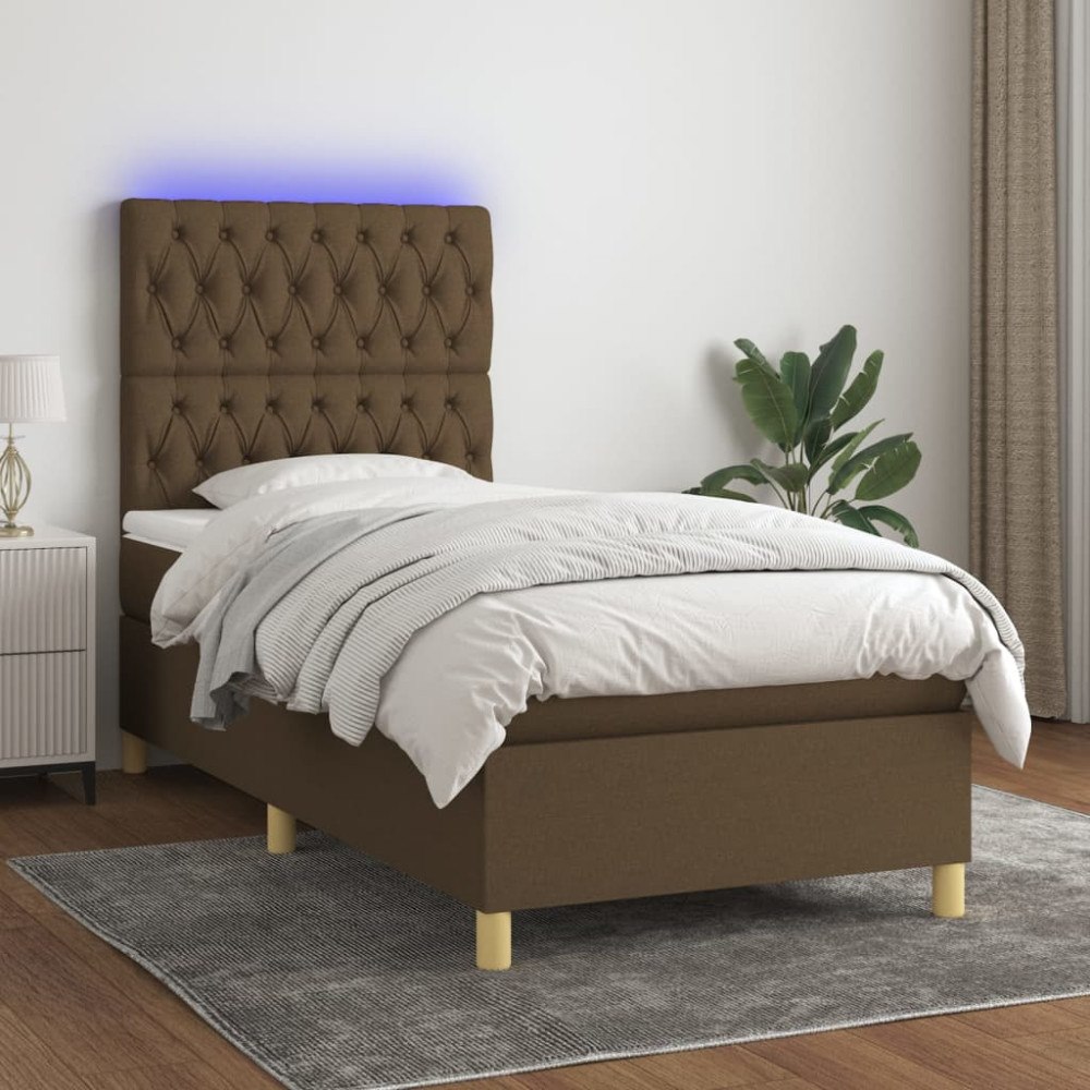 vidaXL Ramsäng med madrass & LED mörkbrun 90x200 cm tyg