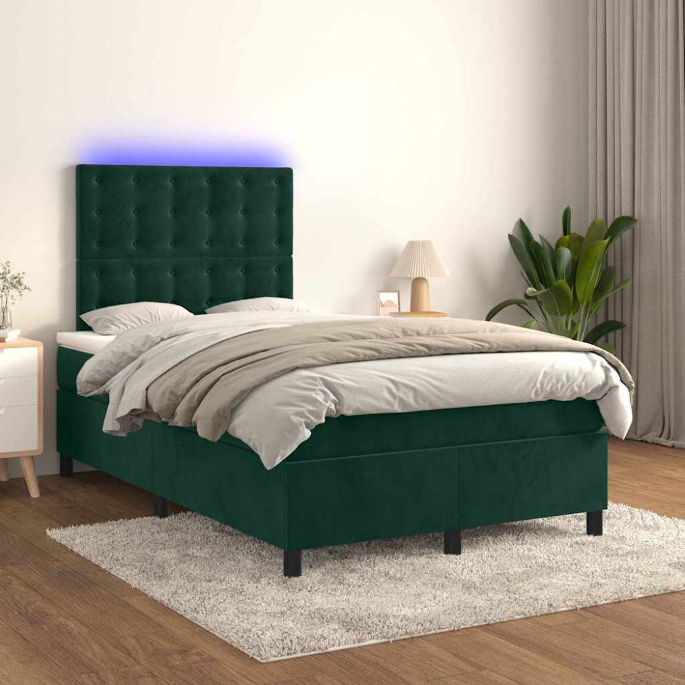 vidaXL Ramsäng med madrass & LED mörkgrön 120x200 cm sammet