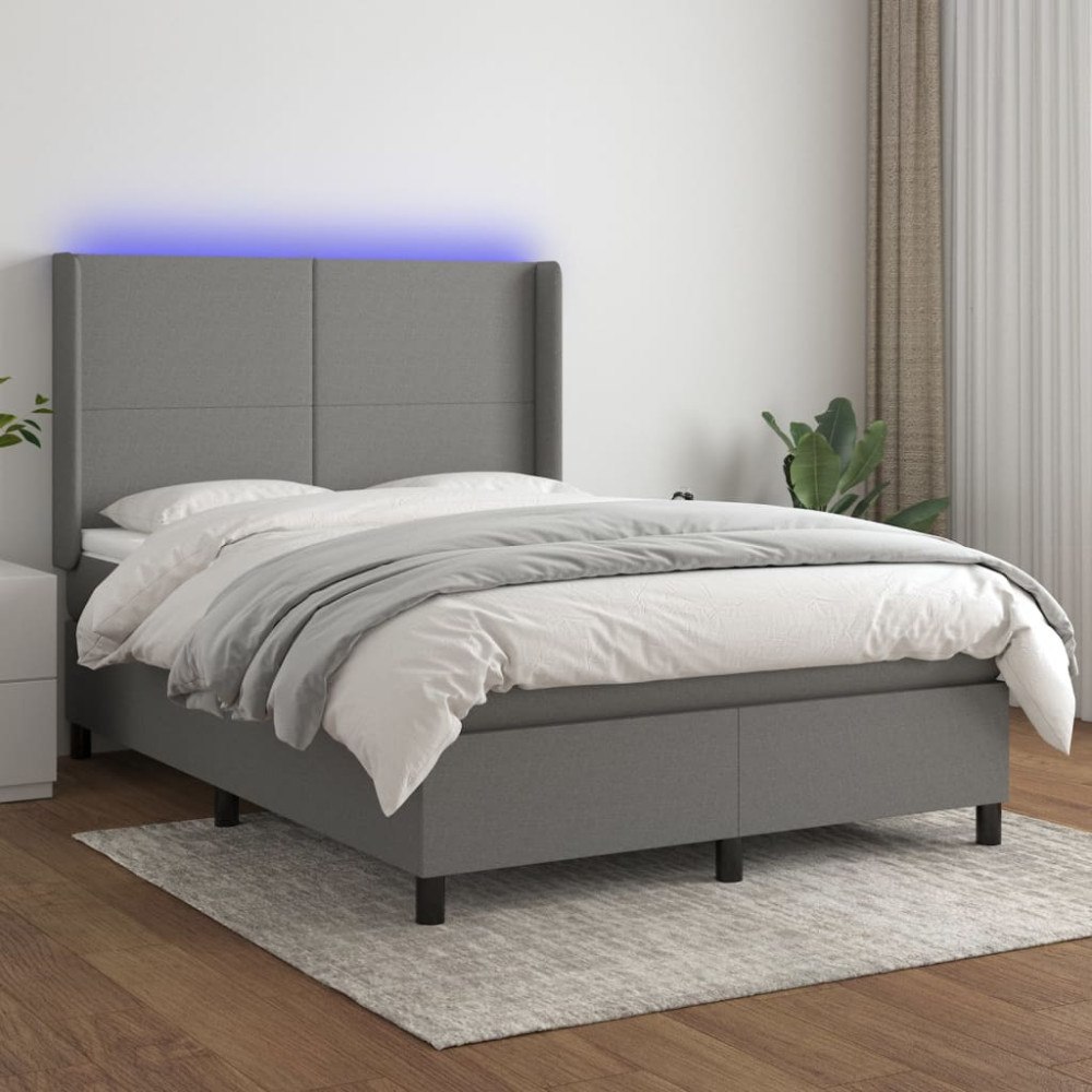 vidaXL Ramsäng med madrass & LED mörkgrå 140x200 cm tyg