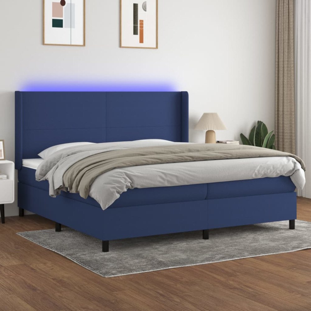 vidaXL Ramsäng med madrass & LED blå 200x200 cm tyg