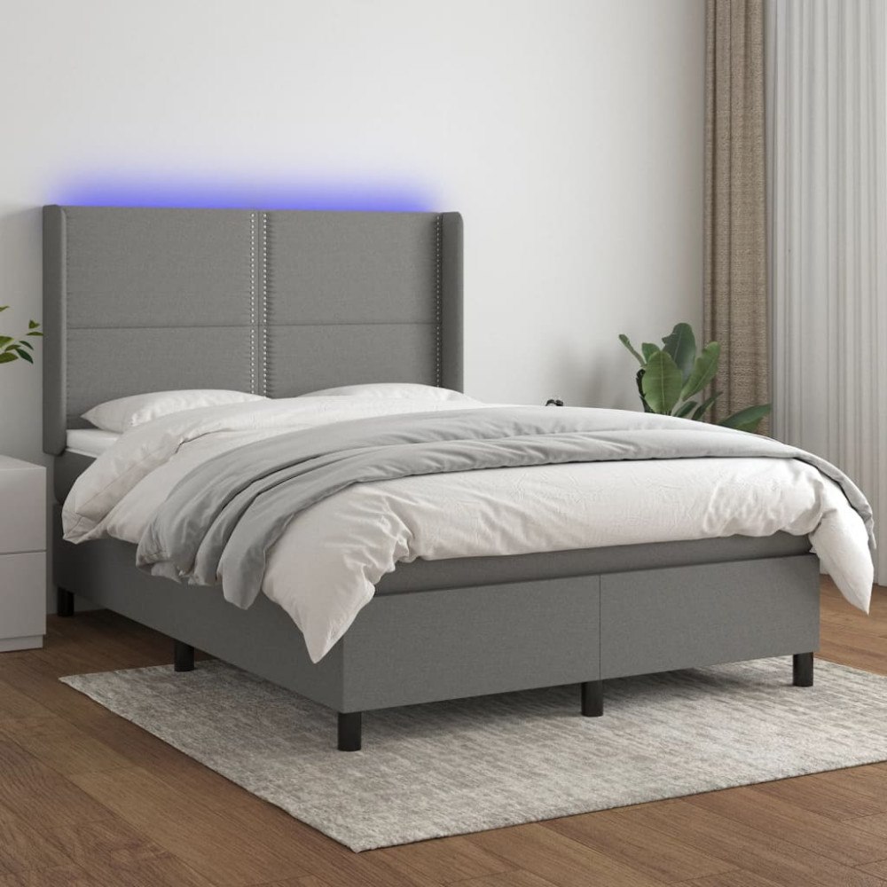 vidaXL Ramsäng med madrass & LED mörkgrå 140x200 cm tyg