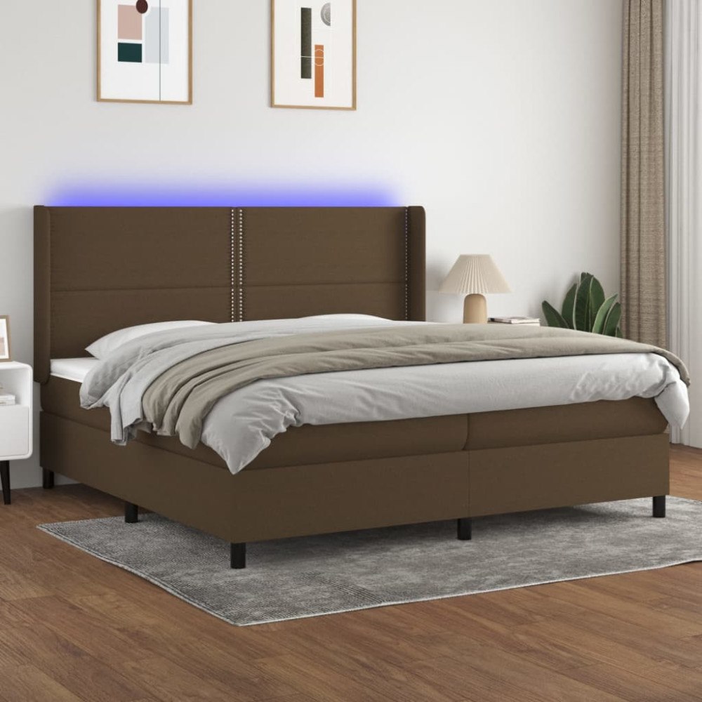 vidaXL Ramsäng med madrass & LED mörkbrun 200x200 cm tyg