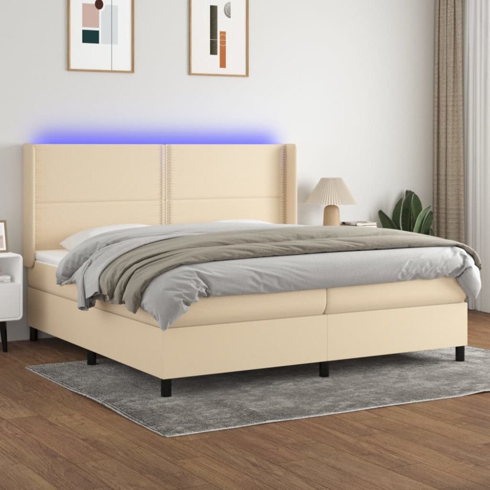 vidaXL Ramsäng med madrass & LED gräddvit 200x200 cm tyg