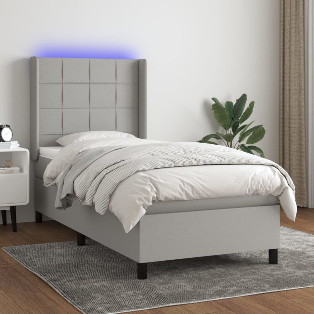 vidaXL Ramsäng med madrass & LED ljusgrå 90x200 cm tyg