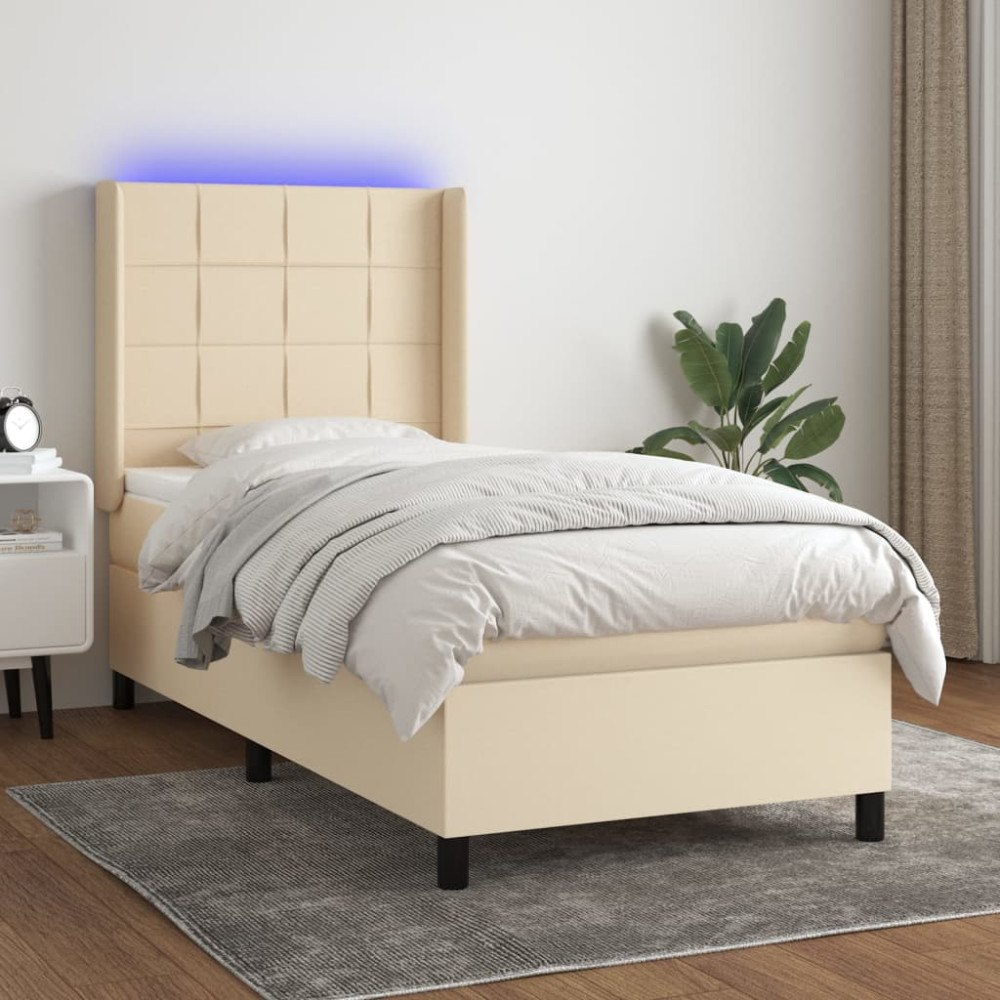 vidaXL Ramsäng med madrass & LED gräddvit 90x200 cm tyg