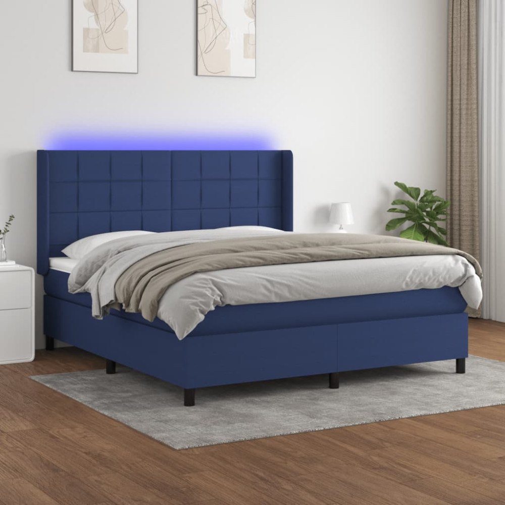 vidaXL Ramsäng med madrass & LED blå 180x200 cm tyg